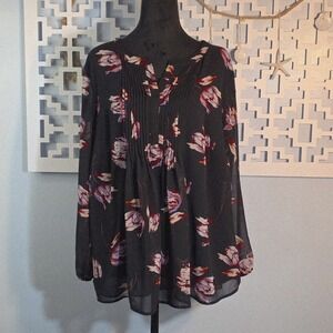 Serein Womens Black Floral Pleated Blouse 1X Long Sleeve Top